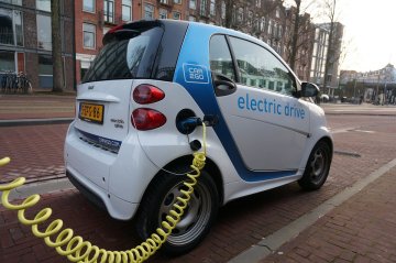 A picture of an electric car at a charging station.