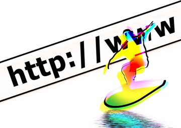 A colorful silhouette of a surfer moving past a Website.